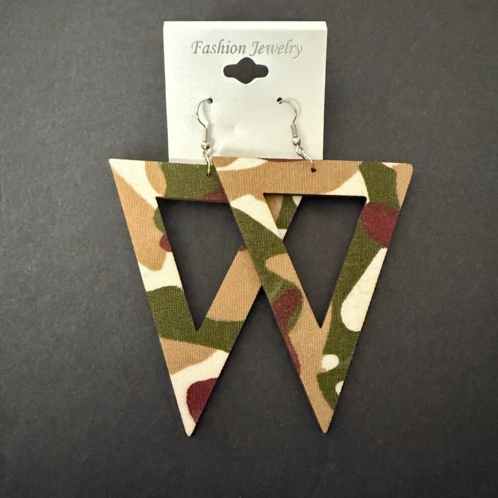 NOC Geometric Brown Camouflage Triangle Wooden Fabric Drop Earrings Lightweight